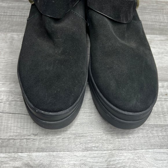 J/Slides NELLY Black Suede Moto Boot Buckles Faux Fur Lined Size 7 1/2 - Picture 4 of 9